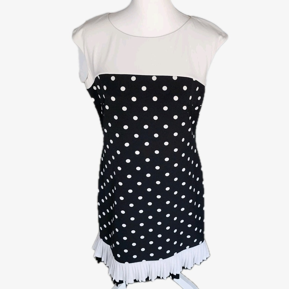 Studio One Sheath Dress Womens 8P Black White Polka Dot Pleated Stretch Casual